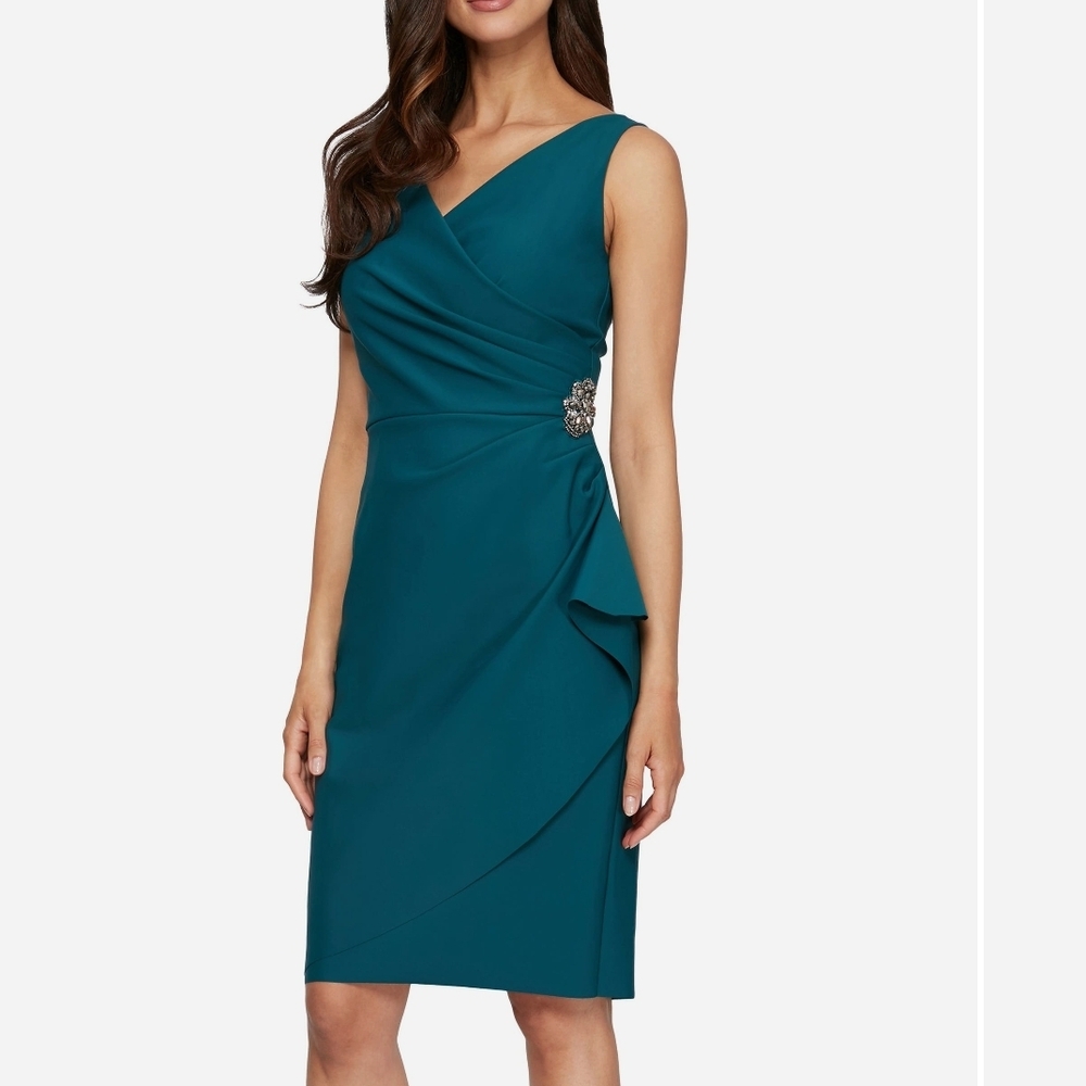 Alex Evenings Teal V-Neck Sheath Dress with Side Drape and Jeweled Accent